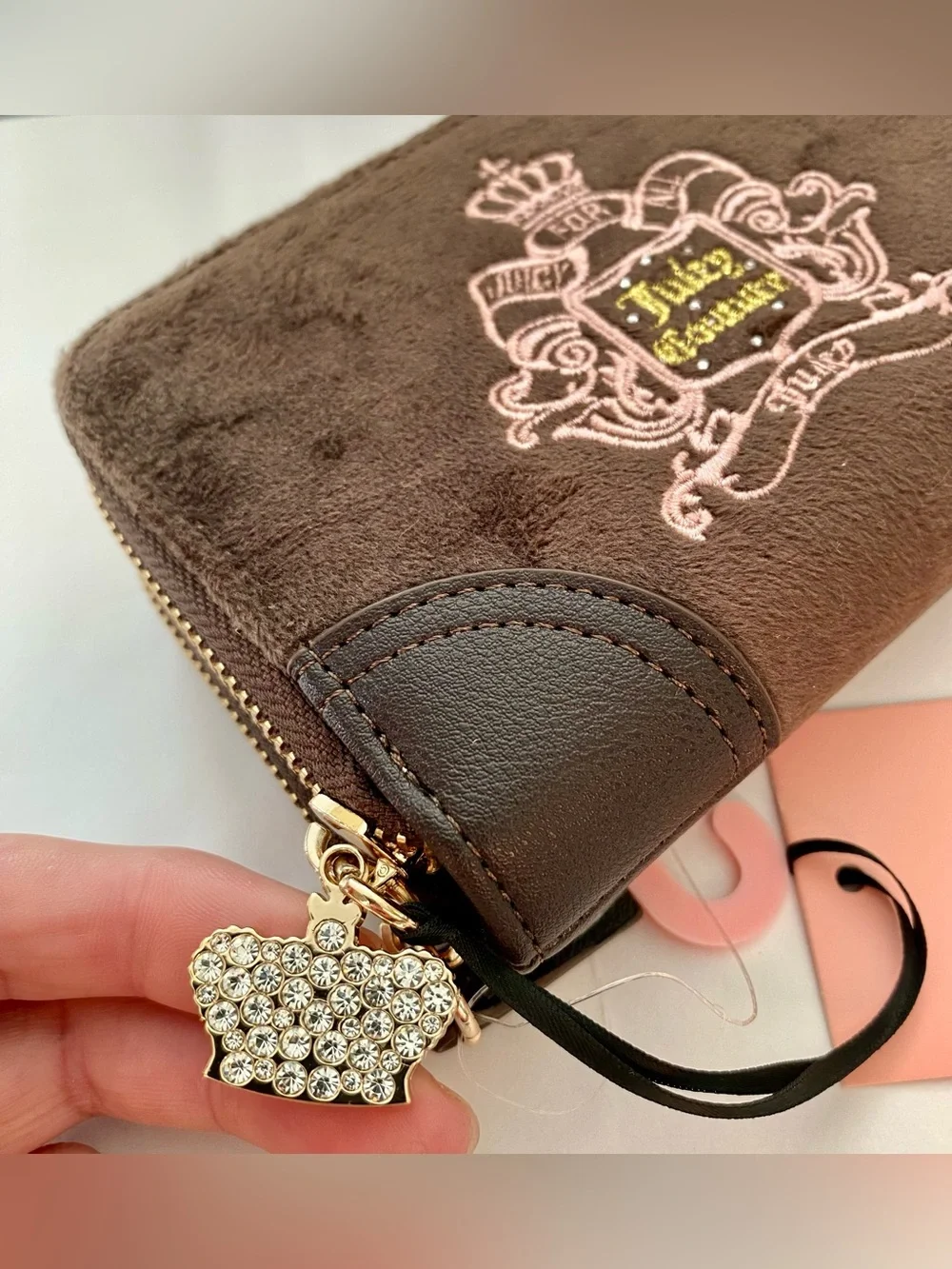 Juicy Couture Brown Plush Zip Wallet with Pink Crest Embroidery